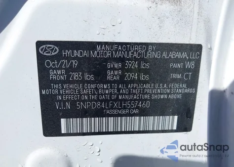 2020 Hyundai Elantra Sel z USA, uszkodzony, nr VIN 5NPD84LFXLH557460